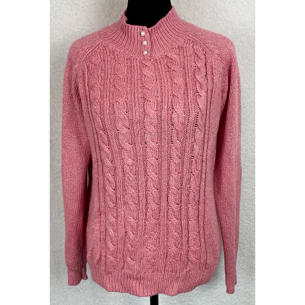 KAREN SCOTT • Dusty Pink Cable Knit Faux Pearl Button Mock-neck Sweater, S - Picture 14 of 16